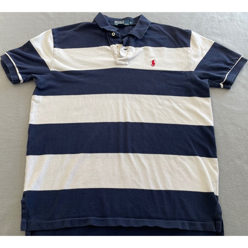 VTG Polo Ralph Lauren Mens Navy White Striped Short Sleeve Polo Shirt Med 00's